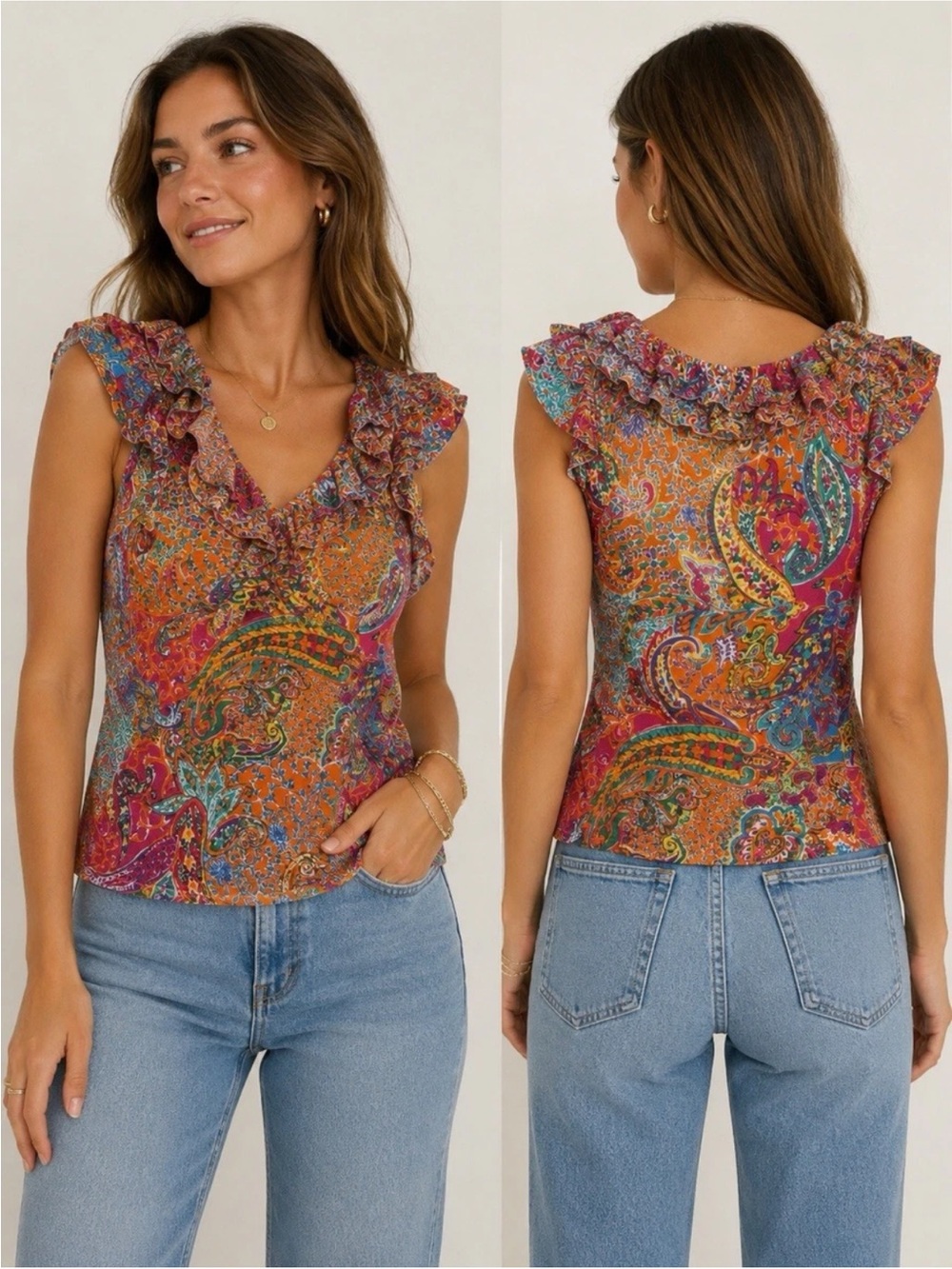 Ralph Lauren Paisley Ruffle V-Neck Sleeveless Top - Orange Multi